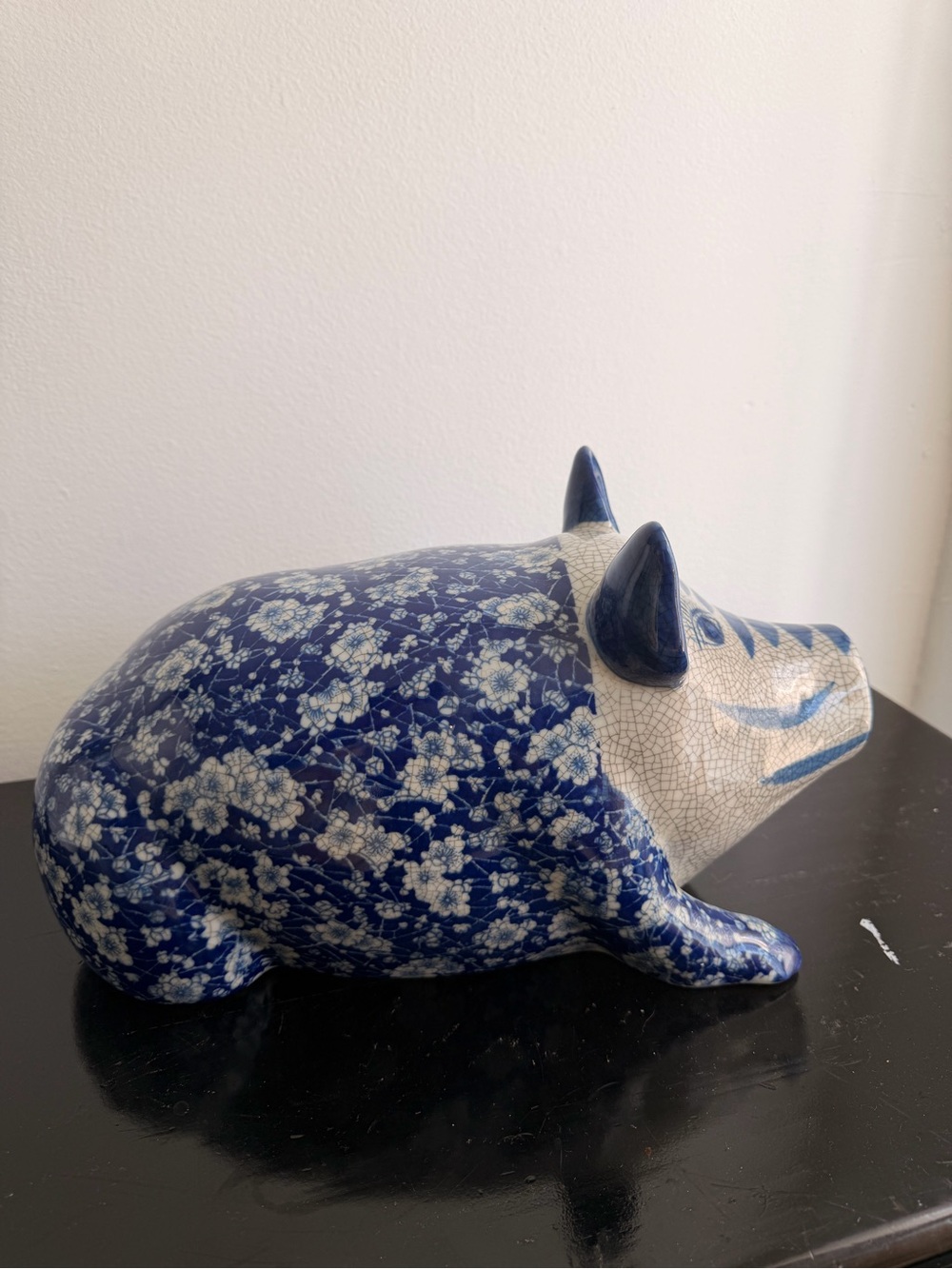 Blue Floral Ceramic Pig Sculpture